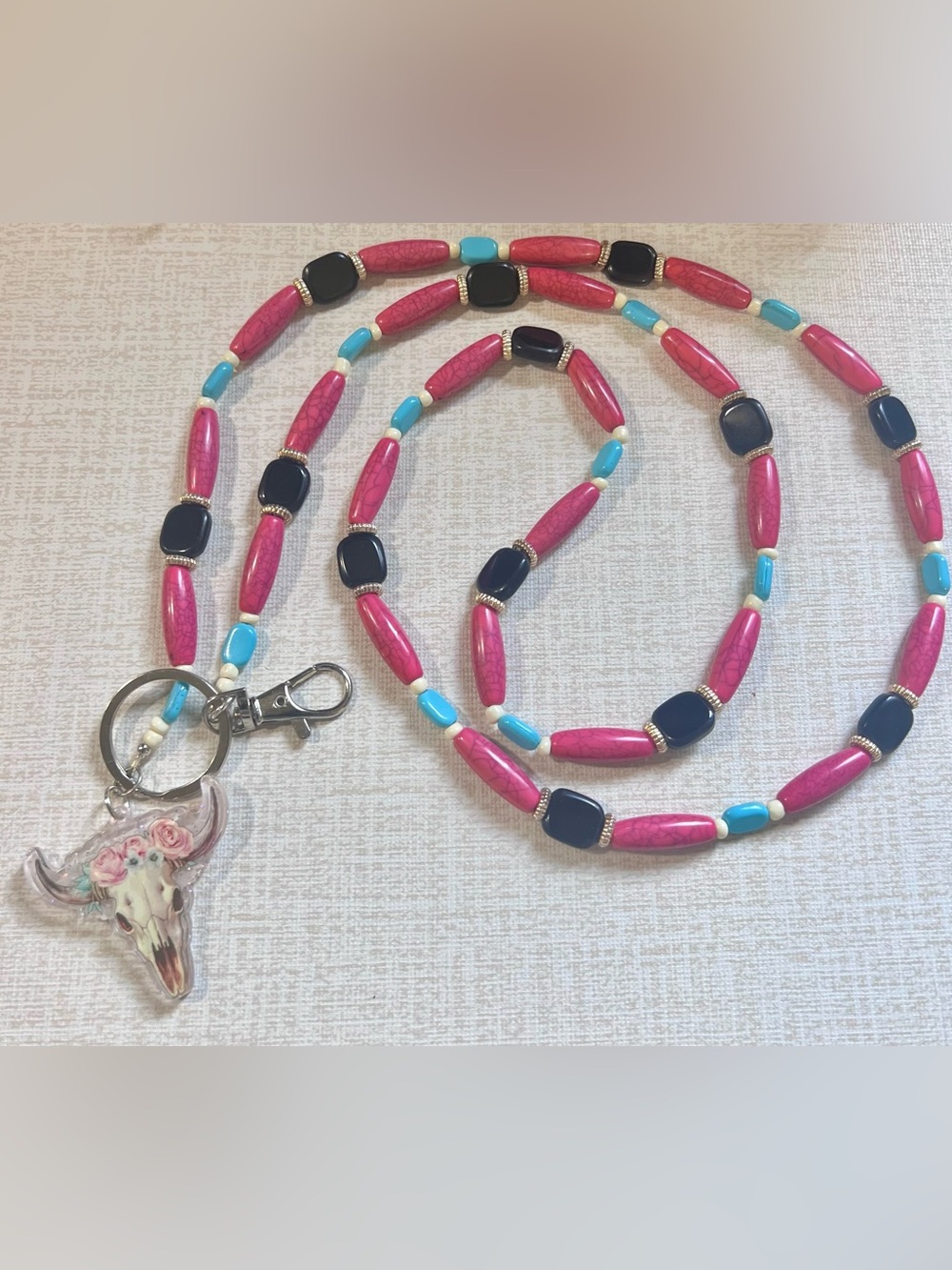 Colorful Beaded Lanyard with Pink, Turquoise & Black Accents